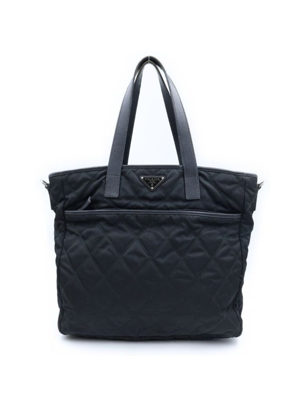 Prada Triangle Logo Quilted Tote Bag Leather Nylon Silver